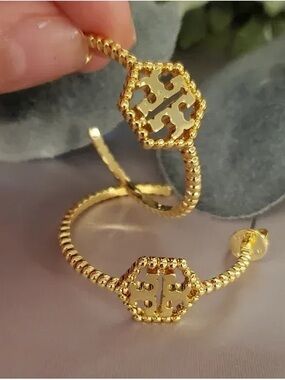 Tory Burch Gold Logo Open Hexagon Hoop Earrings
